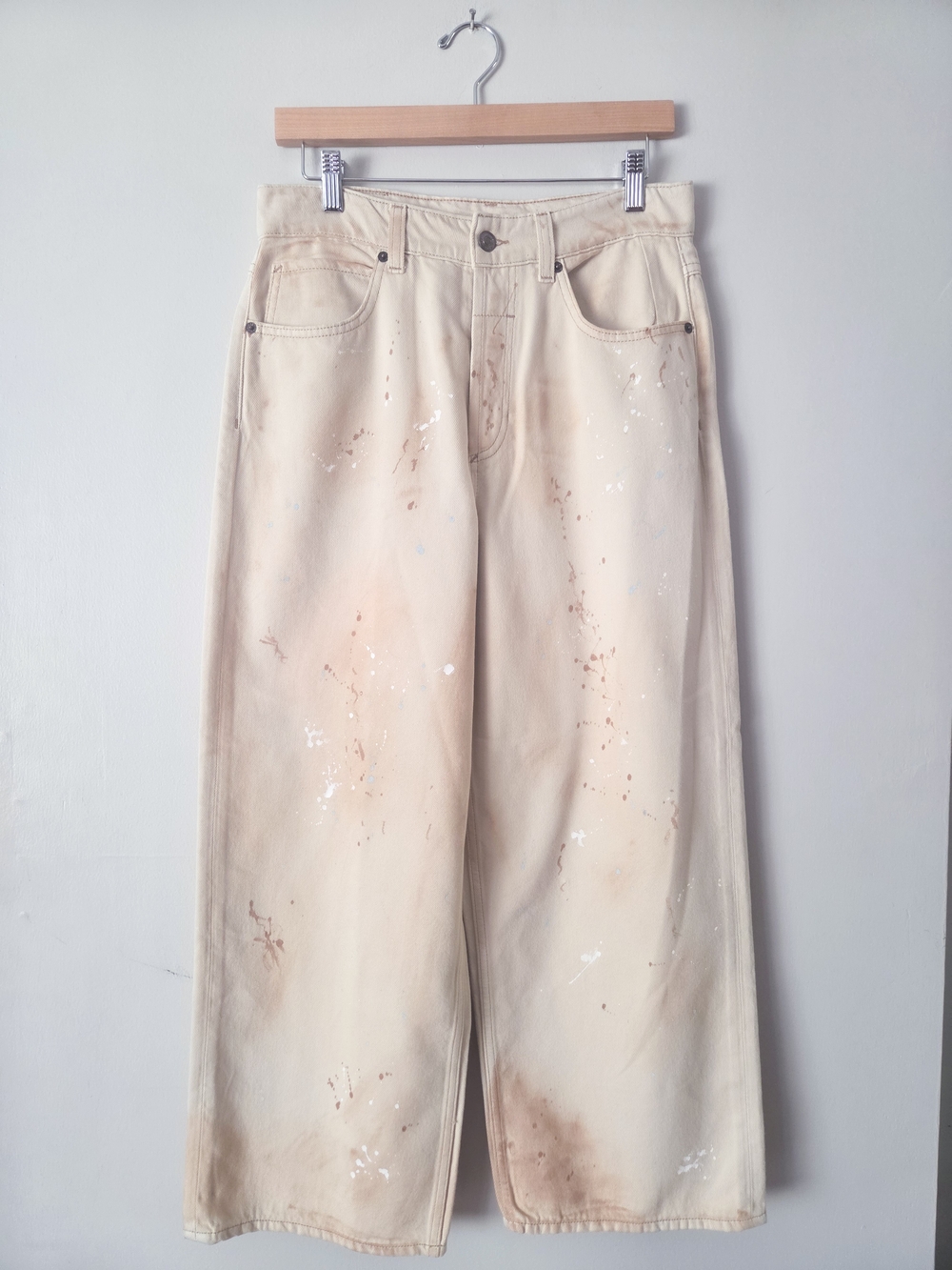 Free People Cream Wide-Leg Women’s Jeans with Distressed Paint Detail